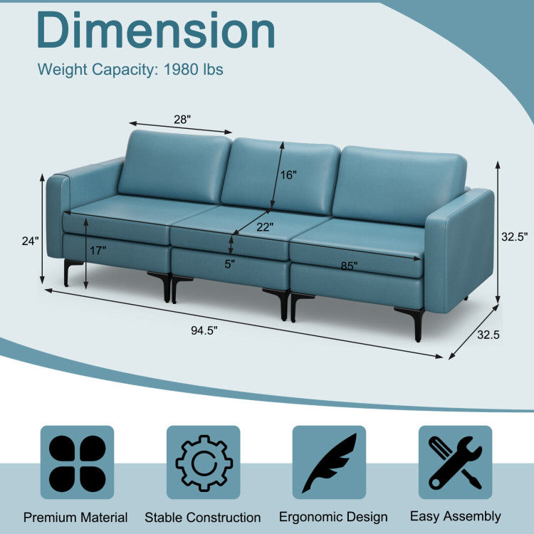 3-Seat Sectional Sofa Couch with Armrest Magazine Pocket and Metal Leg--Blue