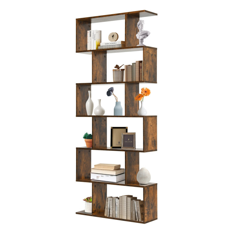 6 Tier S-Shaped Bookshelf Storage Display Bookcase Decor Z-Shelf