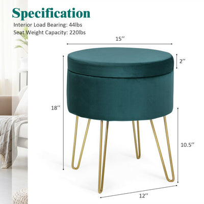 Round Velvet Storage Ottoman Footrest Stool Vanity Chair with Metal Legs--Dark Green