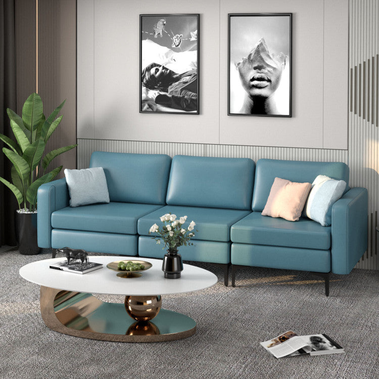 3-Seat Sectional Sofa Couch with Armrest Magazine Pocket and Metal Leg--Blue