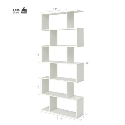 6 Tier S-Shaped Bookshelf Storage Display Bookcase Decor Z-Shelf