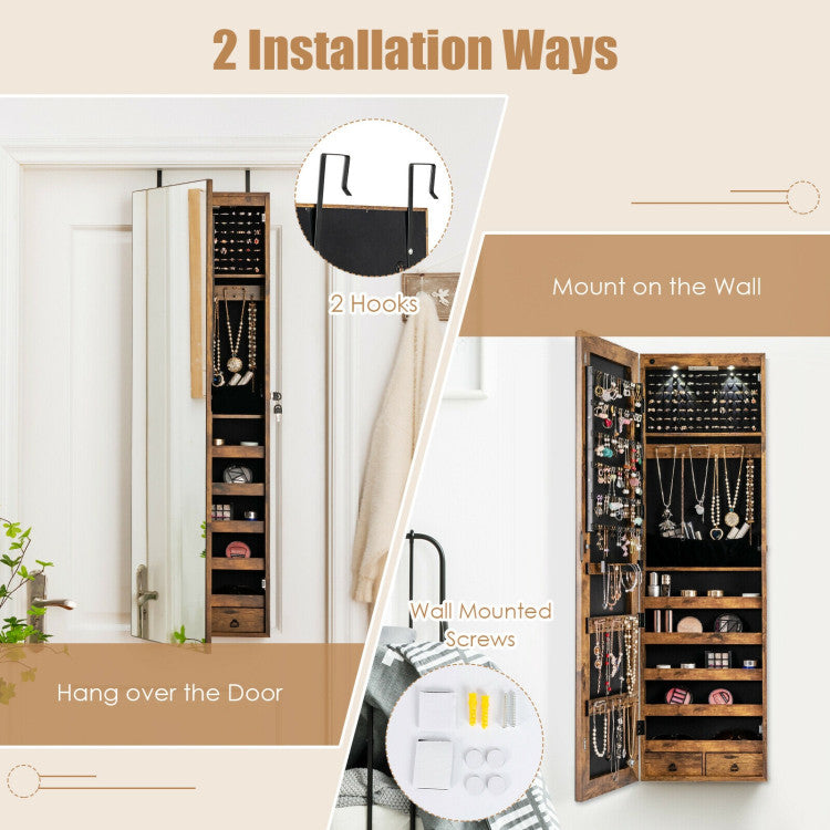 Wall and Door Mounted Mirrored Jewelry Cabinet with Lights