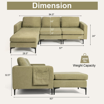 Modular L-shaped Sectional Sofa with Reversible Chaise--Green