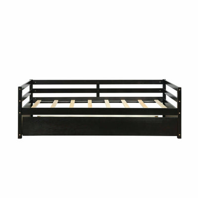 Twin Size Trundle Platform Bed Frame with  Wooden Slat Support