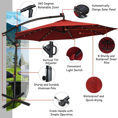 10 Feet 360° Rotation Solar Powered LED Patio Offset Umbrella without Weight Base