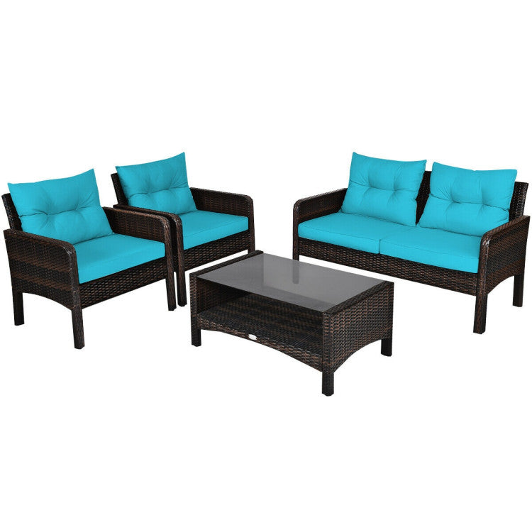 4 Pieces Patio Rattan Free-Combination Sofa Set with Cushion and Coffee Table