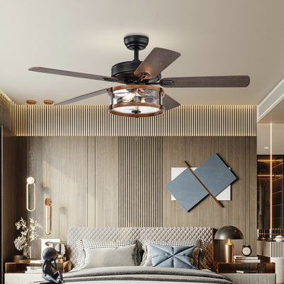 52 Inch Retro Ceiling Fan Lamp with Glass Shade Reversible Blade Remote Control