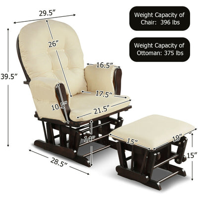 Wood Glider and Ottoman Set with Padded Armrests and Detachable Cushion