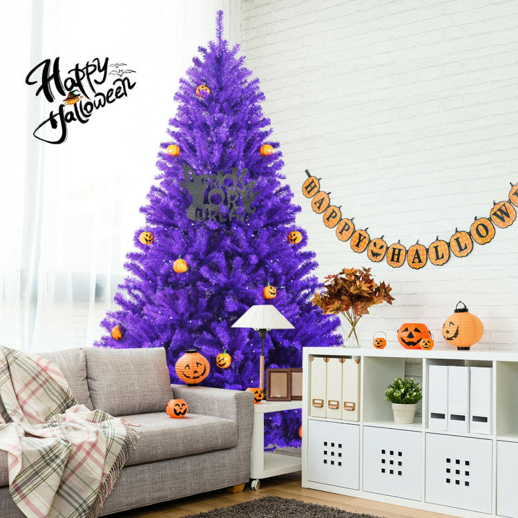 Artificial Prelit Purple Halloween Tree with Orange Lights and Pumpkin Ornaments