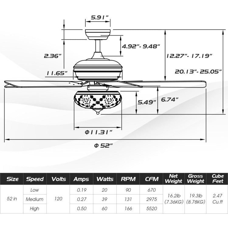 52 Inch Ceiling Fan with 3 Wind Speeds and 5 Reversible Blades