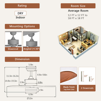 52 Inch Reversible Ceiling Fan with LED Light and Adjustable Temperature