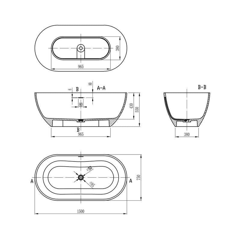 59inch Solid Surface Stone Resin Stand Alone Freestanding Soaking Bathtub