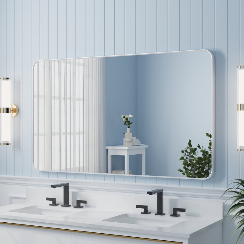 55-in W x 32-in H White Rectangular Framed Bathroom Vanity Mirror