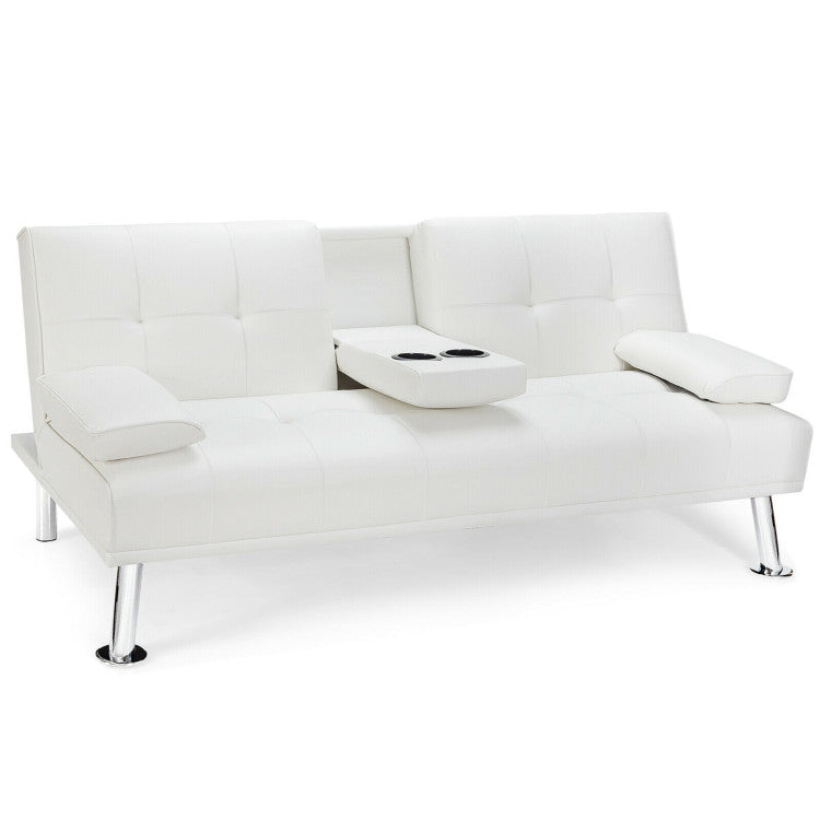 Convertible Folding Leather Futon Sofa with Cup Holders and Armrests--White