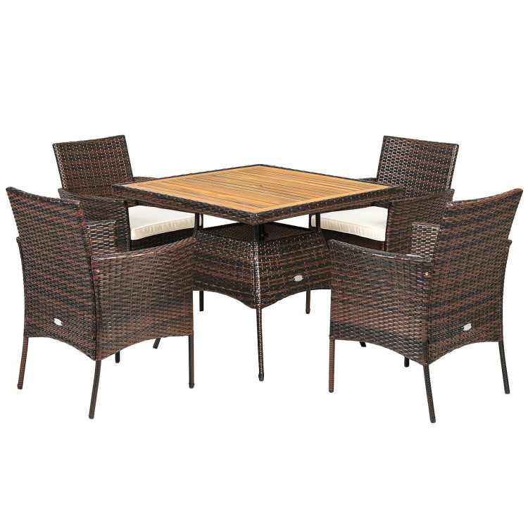 5 Pieces Acacia Wood Tabletop Wicker Patio Dining Set with 4 Armrest Chairs