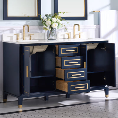 60 in. W x 22 in. D x 35 in. H Freestanding Bathroom Vanity in Navy Blue with Carrara White Quartz Vanity Top