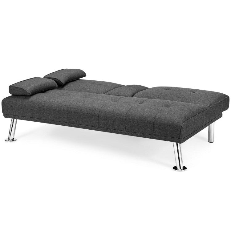 Convertible Folding Futon Sofa Bed Fabric with 2 Cup Holders--Dark Gray