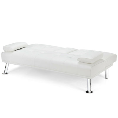 Convertible Folding Leather Futon Sofa with Cup Holders and Armrests--White