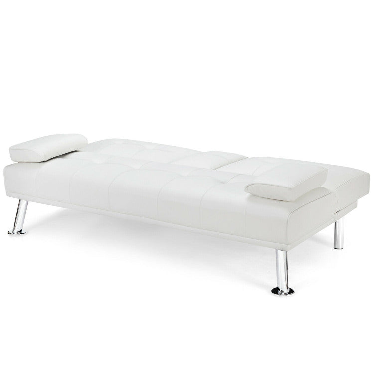 Convertible Folding Leather Futon Sofa with Cup Holders and Armrests--White