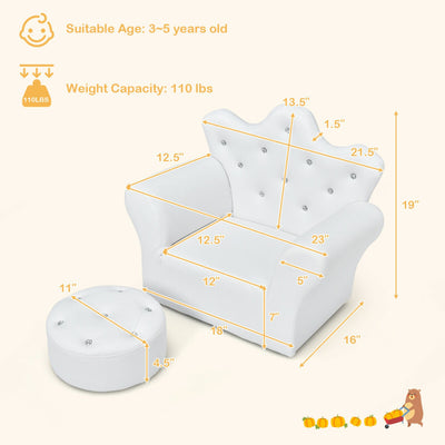 Children Upholstered Princess Sofa with Ottoman and Diamond Decoration for Boys and Girls