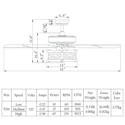 52 Inch Retro Ceiling Fan Lamp with Glass Shade Reversible Blade Remote Control