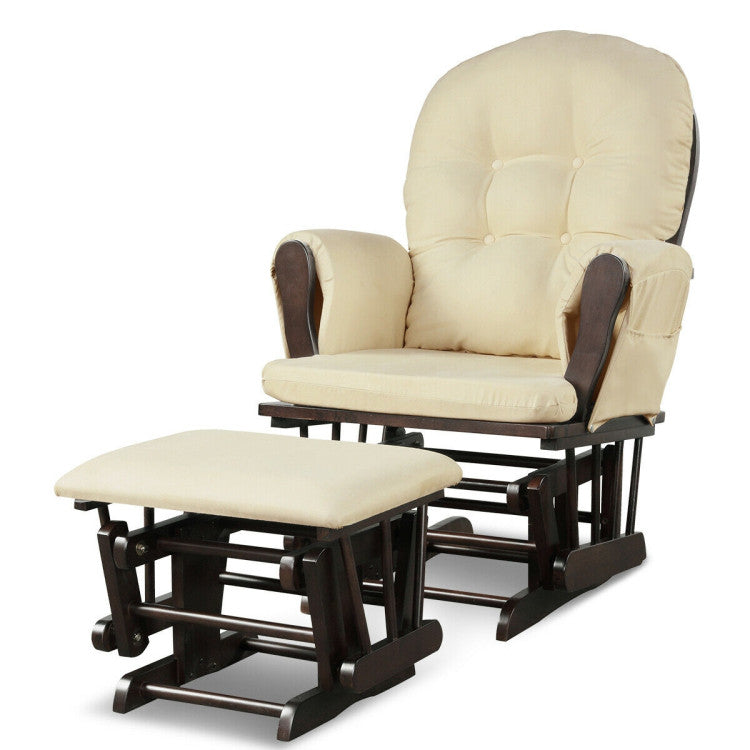 Wood Glider and Ottoman Set with Padded Armrests and Detachable Cushion