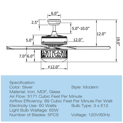 52 Inch Ceiling Fan with Light Reversible Blade and Adjustable Speed