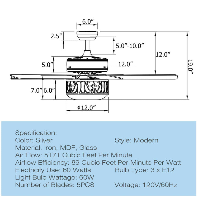 52 Inch Ceiling Fan with Light Reversible Blade and Adjustable Speed