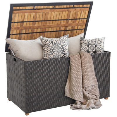 134 Gallon Rattan Storage Box with Zippered Liner and Solid Acacia Wood Top