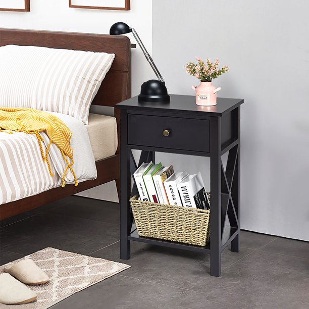 X-Shaped Bedside Storage Nightstand with Drawer and Bottom Shelf