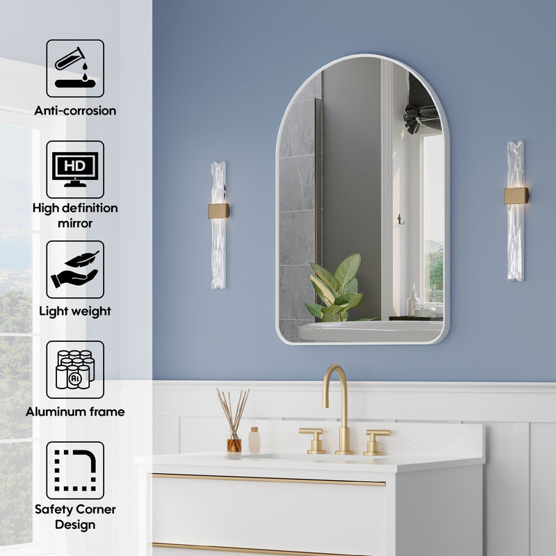 24 in. W x 36 in. H Arched Aluminum Framed Wall Bathroom Vanity Mirror in White