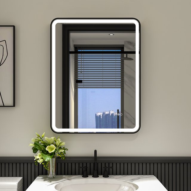 28 x 36 inch LED Bathroom Mirror, Wall Mounted Bathroom Vanity Framed Mirror with Dimmer, IP54 Enhanced Anti-Fog