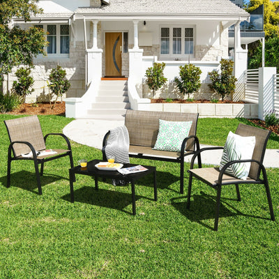 4 Pieces Patio Furniture Set with Glass Top Coffee Table