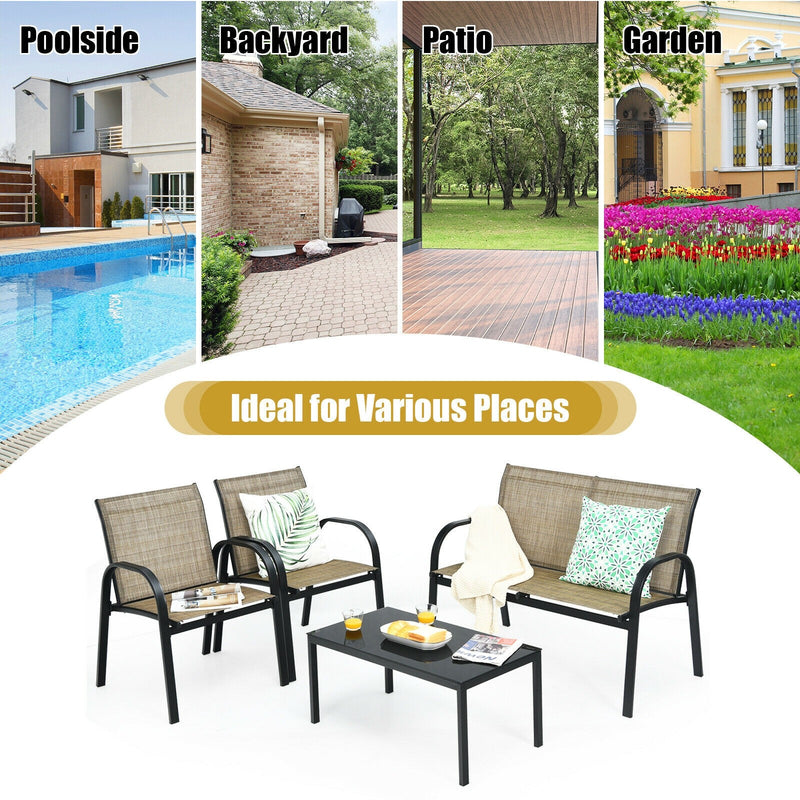 4 Pieces Patio Furniture Set with Glass Top Coffee Table