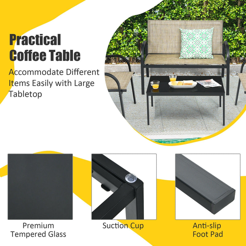 4 Pieces Patio Furniture Set with Glass Top Coffee Table