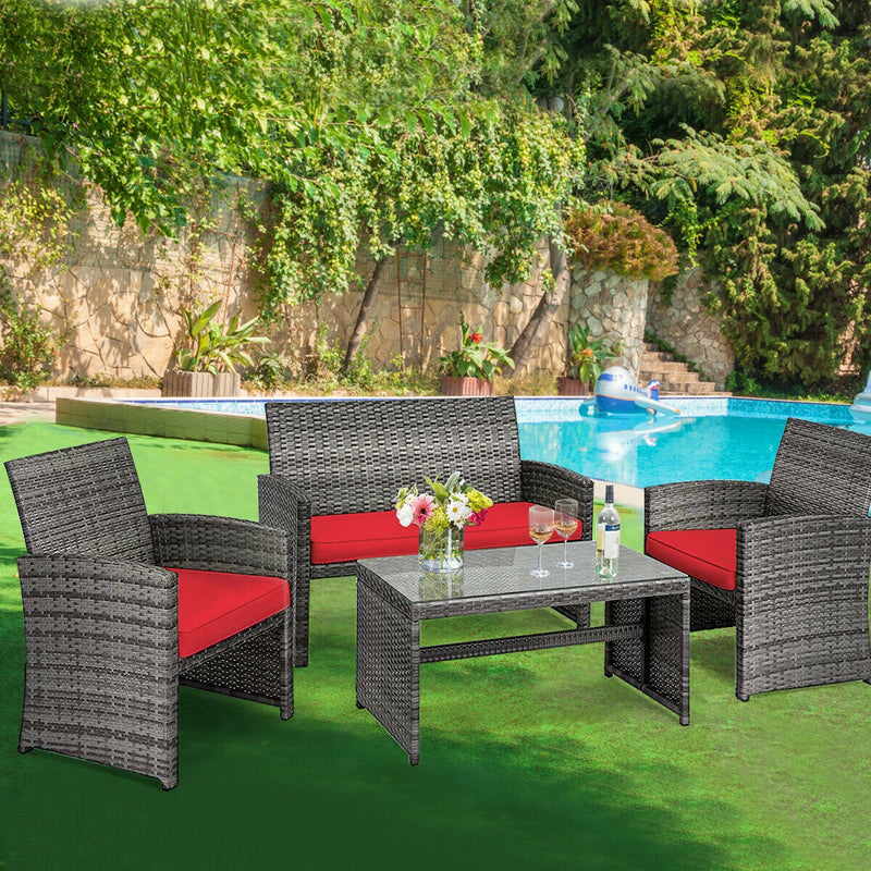 4 Pieces Patio Rattan Furniture Set with Glass Table and Loveseat