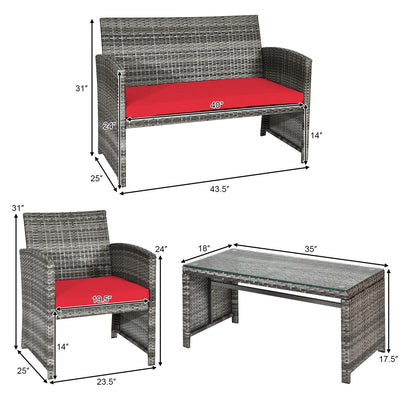 4 Pieces Patio Rattan Furniture Set with Glass Table and Loveseat