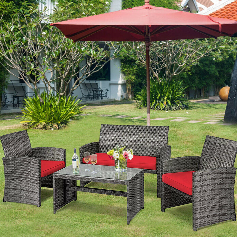 4 Pieces Patio Rattan Furniture Set with Glass Table and Loveseat