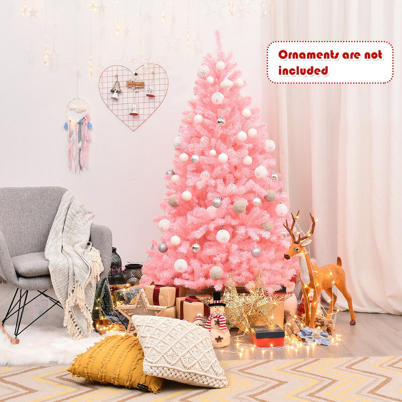 6 ft Pink Artificial Hinged Spruce Full Christmas Tree with Foldable Metal Stand