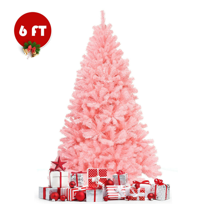 6 ft Pink Artificial Hinged Spruce Full Christmas Tree with Foldable Metal Stand