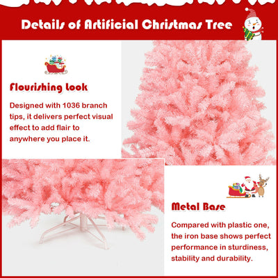 6 ft Pink Artificial Hinged Spruce Full Christmas Tree with Foldable Metal Stand