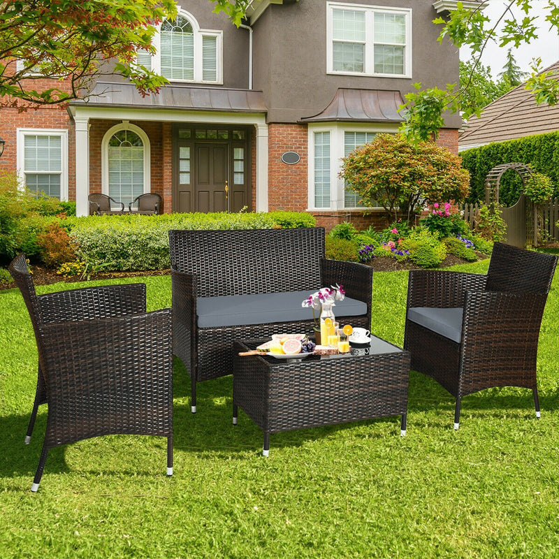 4 Pieces Rattan Sofa Set with Glass Table and Comfortable Wicker