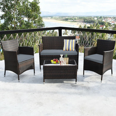 4 Pieces Rattan Sofa Set with Glass Table and Comfortable Wicker