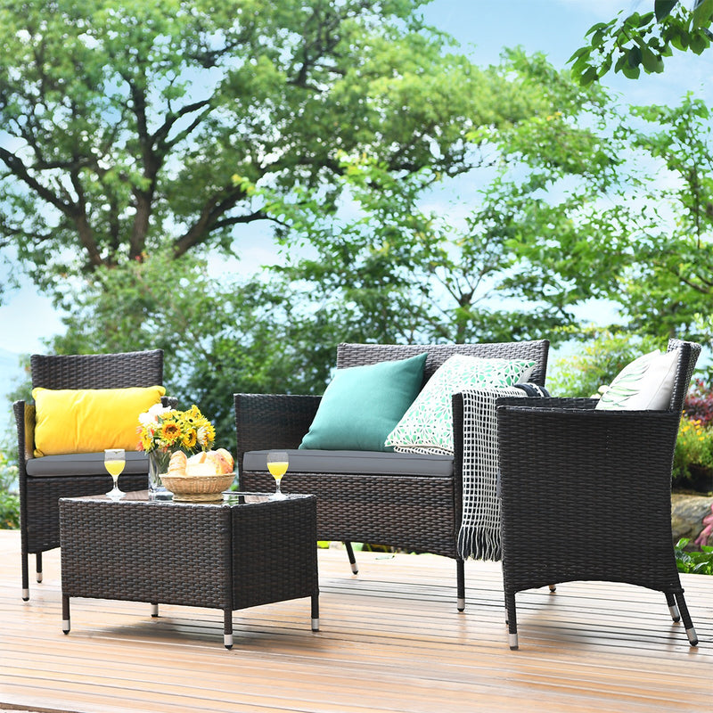 4 Pieces Rattan Sofa Set with Glass Table and Comfortable Wicker