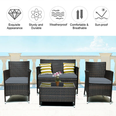 4 Pieces Rattan Sofa Set with Glass Table and Comfortable Wicker