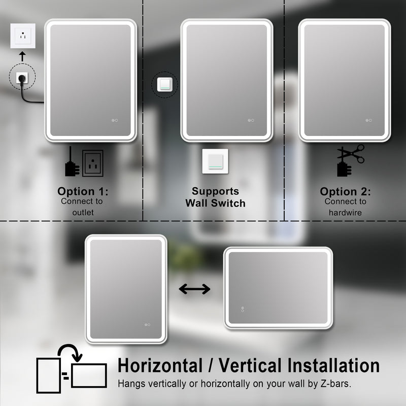 28 x 36 inch LED Bathroom Mirror, Wall Mounted Bathroom Vanity Framed Mirror with Dimmer, Anti-Fog