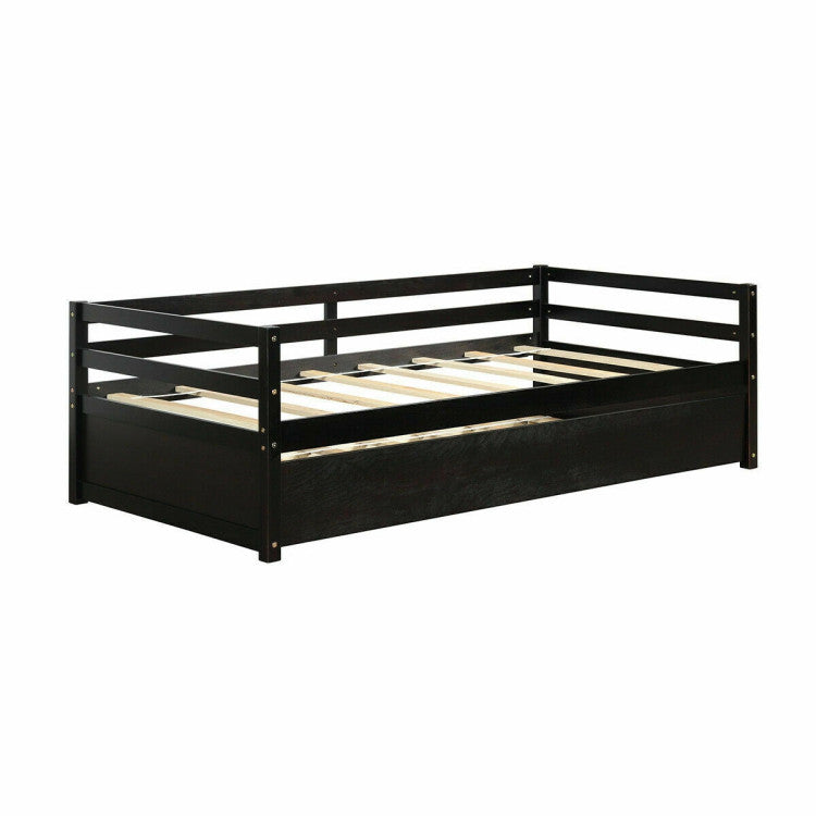 Twin Size Trundle Platform Bed Frame with  Wooden Slat Support