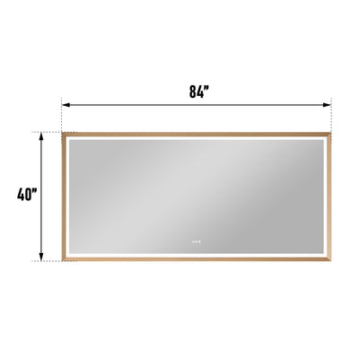 84 in. W x 40 in. H Large Rectangular Framed LED Light Anti-Fog Wall Bathroom Vanity Mirror in Brushed Gold