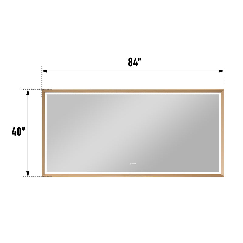 84 in. W x 40 in. H Large Rectangular Framed LED Light Anti-Fog Wall Bathroom Vanity Mirror in Brushed Gold