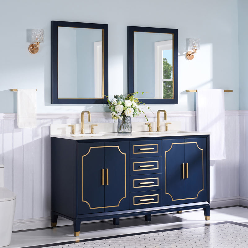 60 in. W x 22 in. D x 35 in. H Freestanding Bathroom Vanity in Navy Blue with Carrara White Quartz Vanity Top